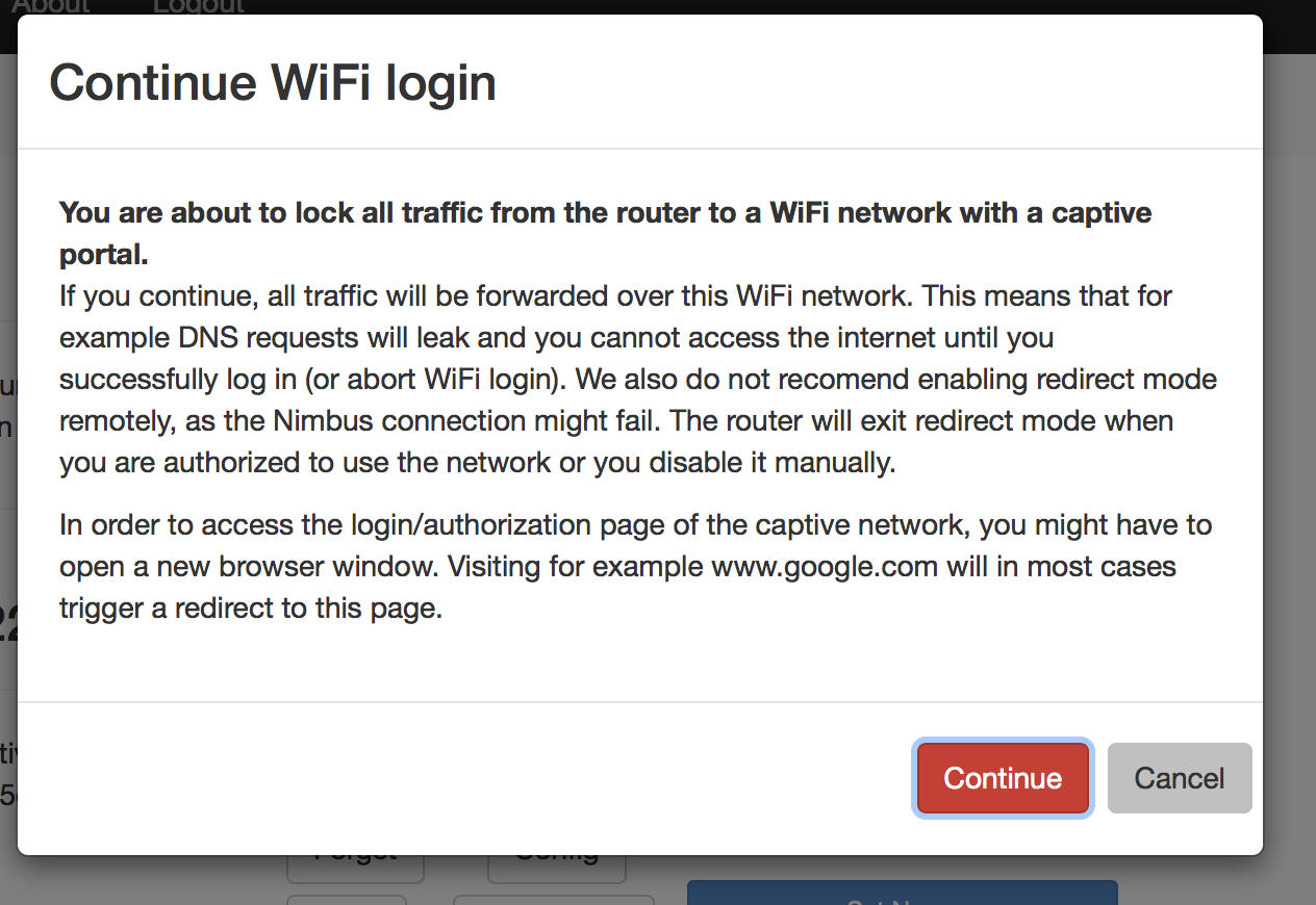 Continue WiFi Login warning